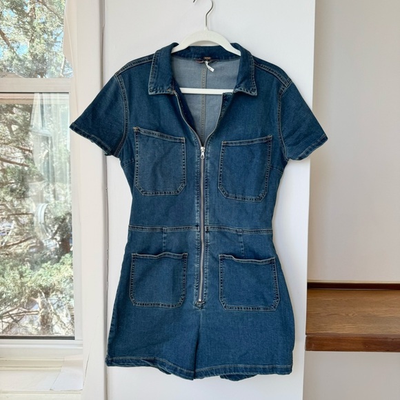 New Free People We The Free CRVY Lennox Shortsuit Denim Jumpsuit Blue - Picture 3 of 10
